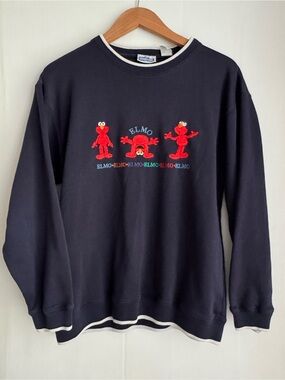 Vintage Sesame Street Navy Unisex Crewneck Sweater with Red Elmo Embroidery
